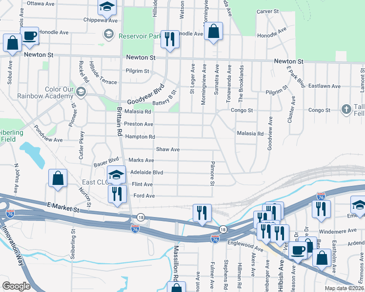 map of restaurants, bars, coffee shops, grocery stores, and more near 1841 Shaw Avenue in Akron