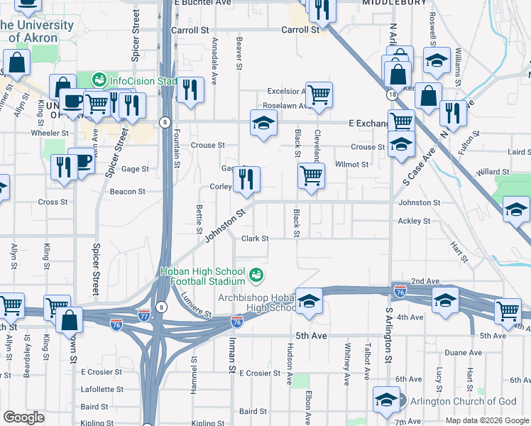 map of restaurants, bars, coffee shops, grocery stores, and more near 423 Downing Place in Akron