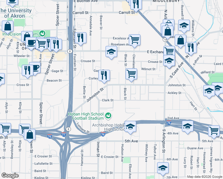 map of restaurants, bars, coffee shops, grocery stores, and more near 423 Downing Place in Akron