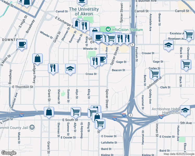 map of restaurants, bars, coffee shops, grocery stores, and more near 544 Brown Street in Akron