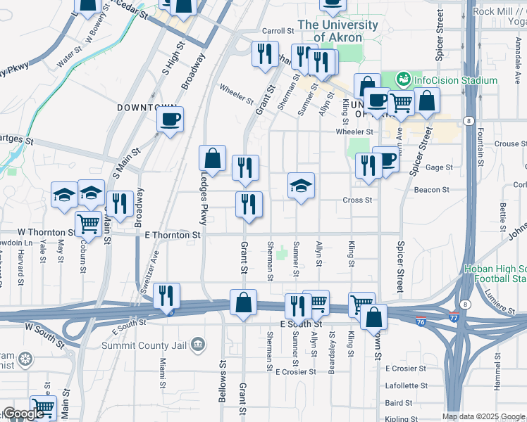 map of restaurants, bars, coffee shops, grocery stores, and more near 593 Grant Street in Akron