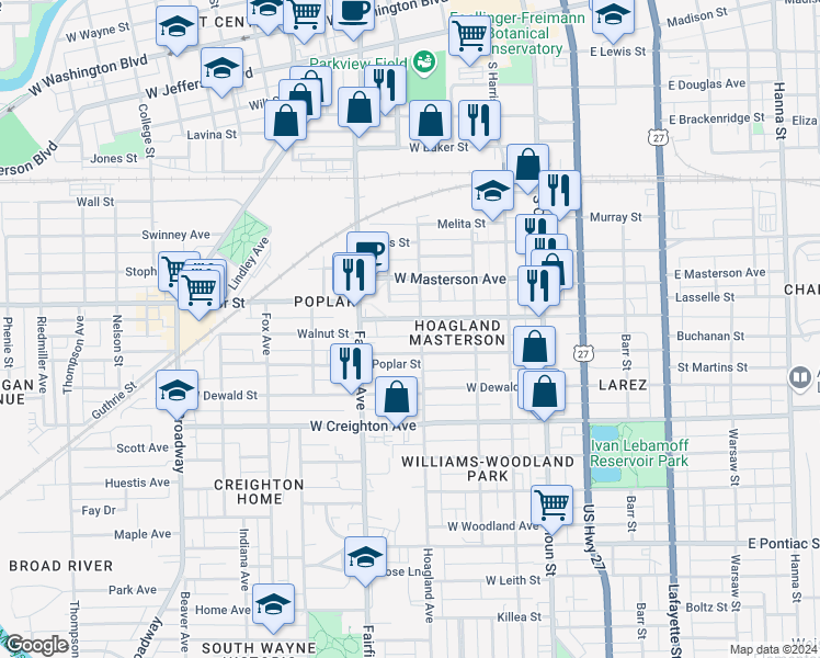 map of restaurants, bars, coffee shops, grocery stores, and more near 401 West Williams Street in Fort Wayne