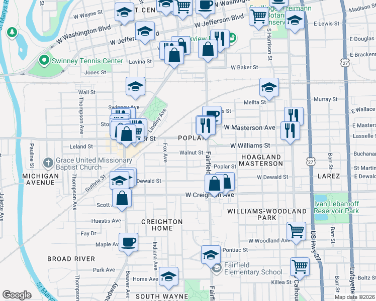 map of restaurants, bars, coffee shops, grocery stores, and more near 708 Walnut Street in Fort Wayne
