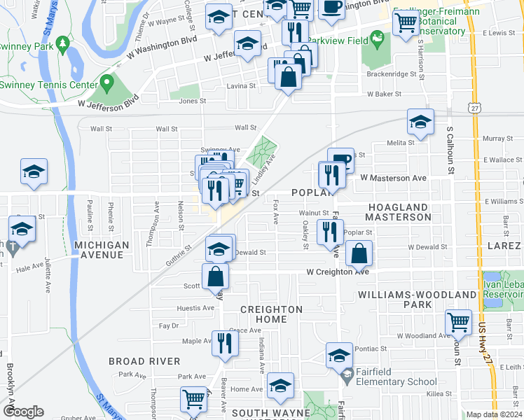 map of restaurants, bars, coffee shops, grocery stores, and more near 838 Walnut Street in Fort Wayne