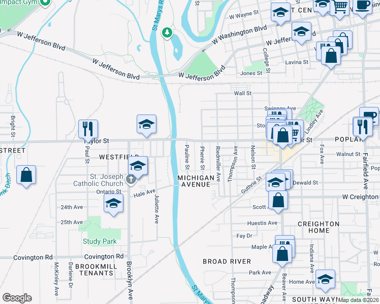 map of restaurants, bars, coffee shops, grocery stores, and more near 2020 Phenie Street in Fort Wayne