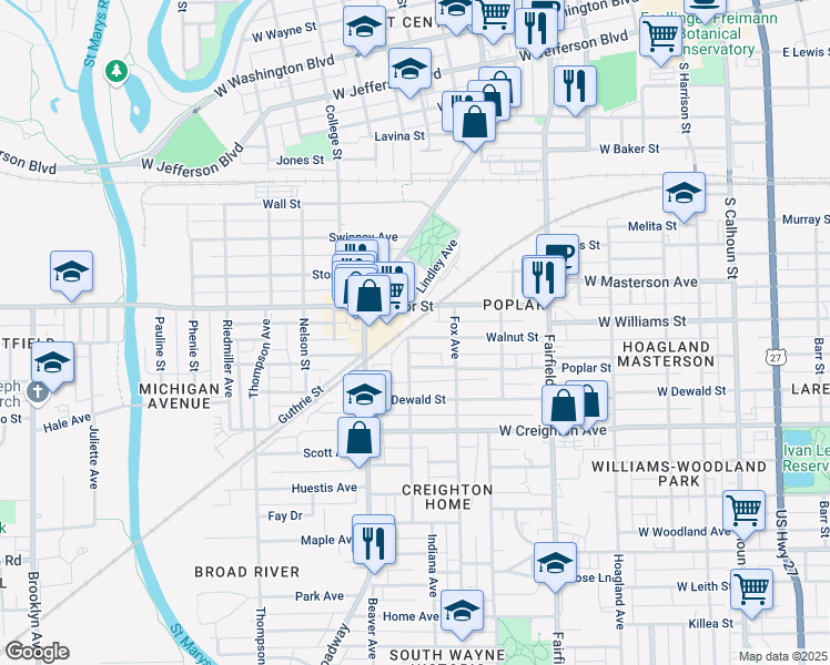 map of restaurants, bars, coffee shops, grocery stores, and more near 838 Walnut Street in Fort Wayne