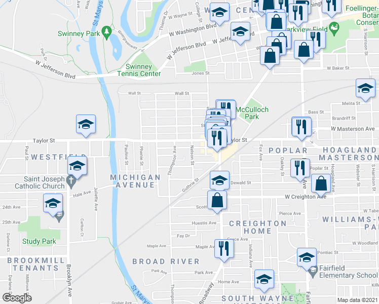 map of restaurants, bars, coffee shops, grocery stores, and more near 2024 Nelson Street in Fort Wayne