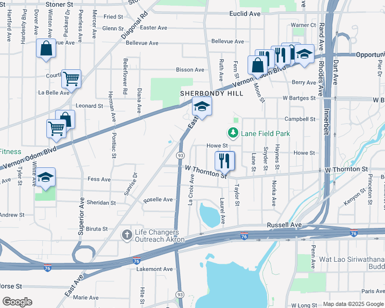 map of restaurants, bars, coffee shops, grocery stores, and more near 998 La Croix Avenue in Akron