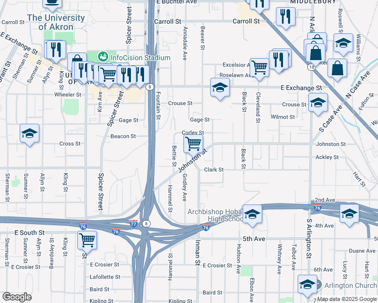 map of restaurants, bars, coffee shops, grocery stores, and more near 425 Margaret Street in Akron