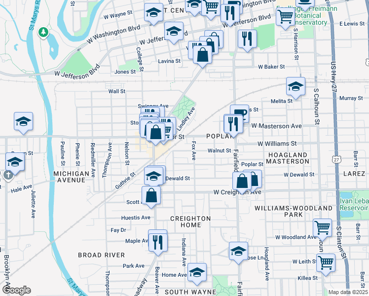 map of restaurants, bars, coffee shops, grocery stores, and more near 820 Walnut Street in Fort Wayne