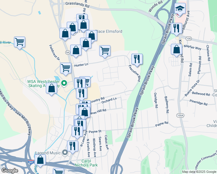 map of restaurants, bars, coffee shops, grocery stores, and more near 208 Old Country Road in Elmsford