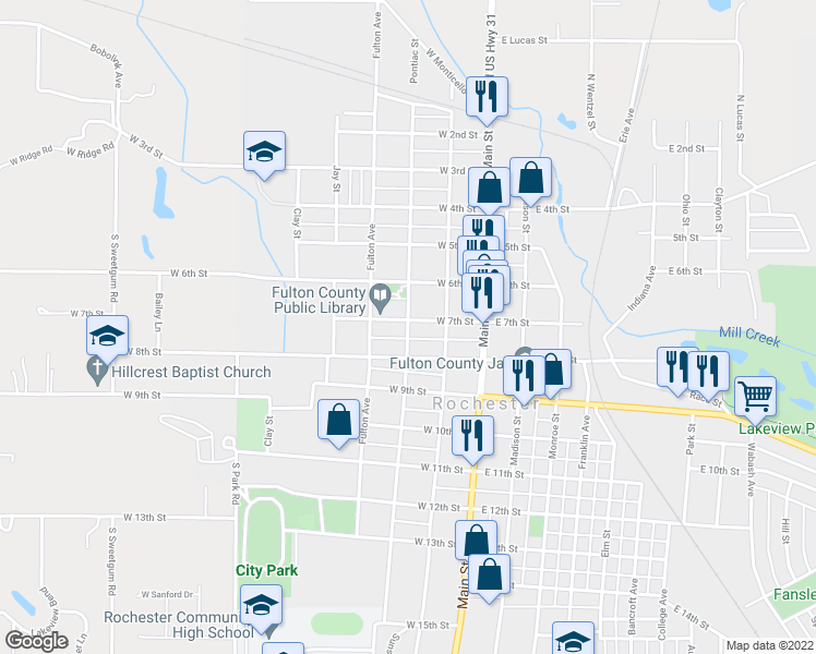 map of restaurants, bars, coffee shops, grocery stores, and more near 718 Pontiac Street in Rochester