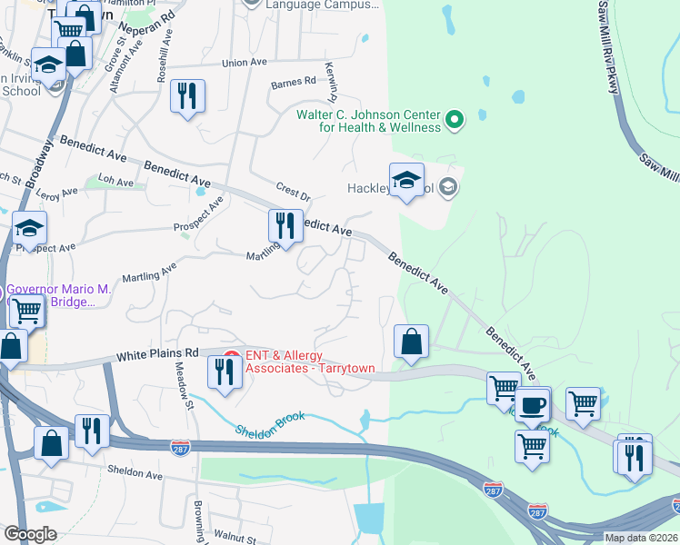 map of restaurants, bars, coffee shops, grocery stores, and more near 293 Carrollwood Drive in Tarrytown