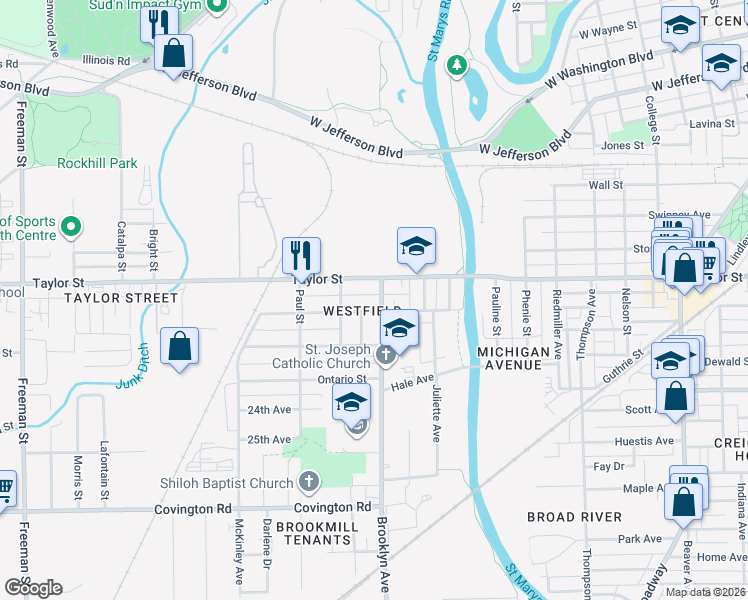 map of restaurants, bars, coffee shops, grocery stores, and more near 2026 Brooklyn Avenue in Fort Wayne