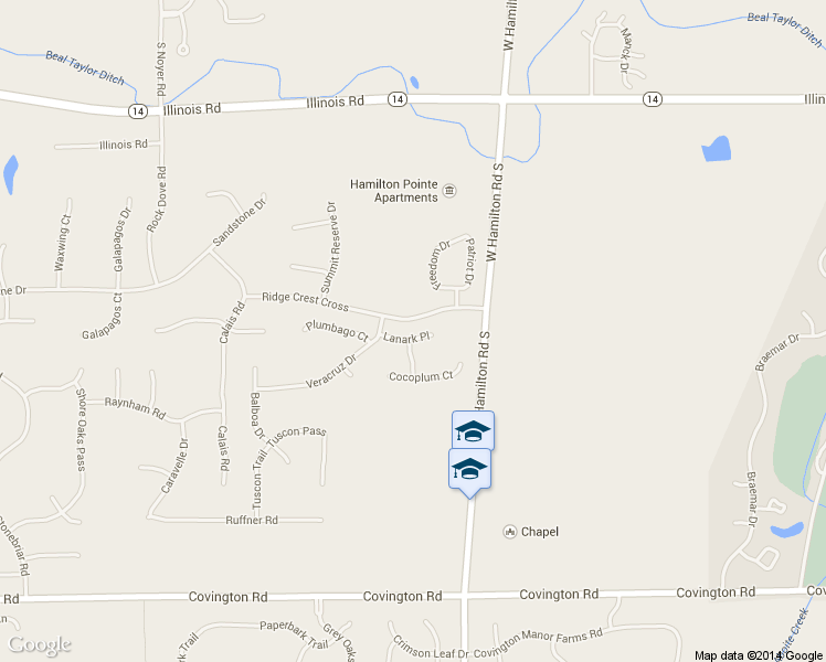 map of restaurants, bars, coffee shops, grocery stores, and more near 13034 Lanark Place in Fort Wayne