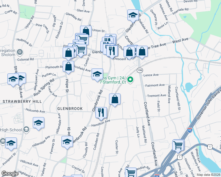 map of restaurants, bars, coffee shops, grocery stores, and more near 8 Windell Place in Stamford