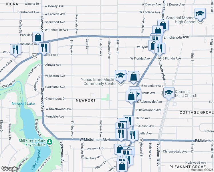 map of restaurants, bars, coffee shops, grocery stores, and more near 3138 Idlewood Avenue in Youngstown