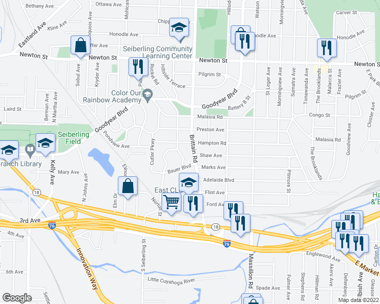 map of restaurants, bars, coffee shops, grocery stores, and more near 172 Brittain Road in Akron