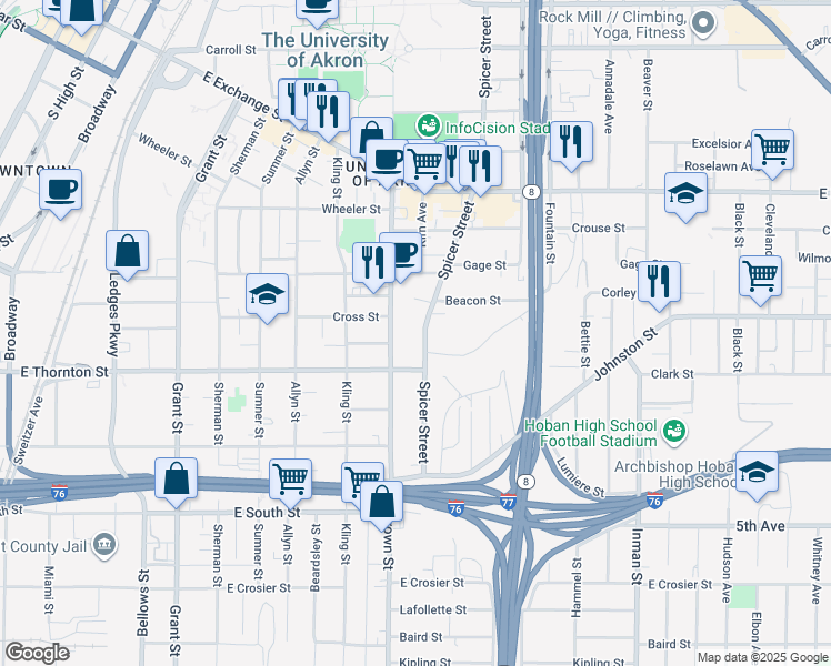 map of restaurants, bars, coffee shops, grocery stores, and more near 528 Spicer Street in Akron