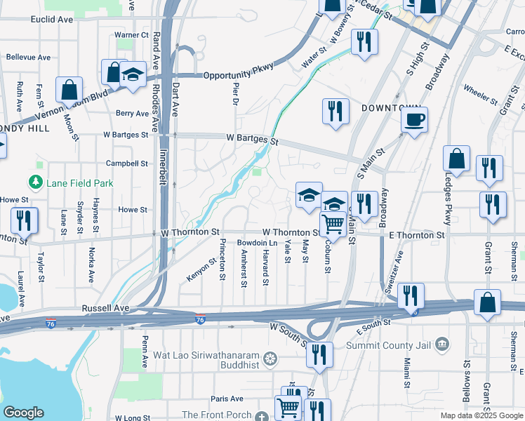 map of restaurants, bars, coffee shops, grocery stores, and more near 695 Dunbar Drive in Akron