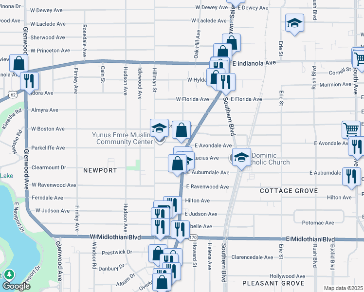 map of restaurants, bars, coffee shops, grocery stores, and more near 3200 Market Street in Youngstown
