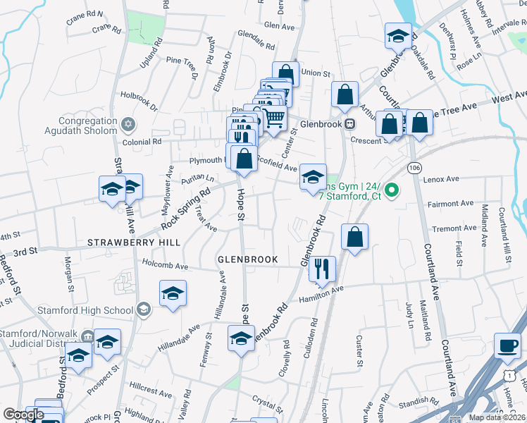 map of restaurants, bars, coffee shops, grocery stores, and more near 41 Frisbie Street in Stamford
