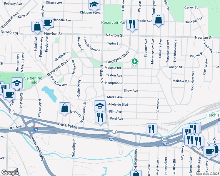 map of restaurants, bars, coffee shops, grocery stores, and more near 1717 Shaw Ave in Akron