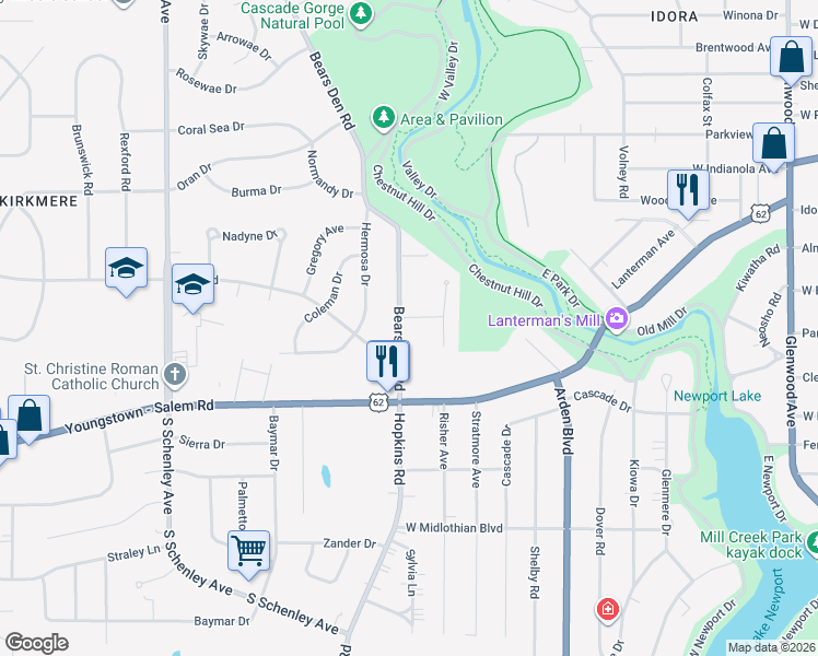 map of restaurants, bars, coffee shops, grocery stores, and more near 3308 Bears Den Road in Youngstown