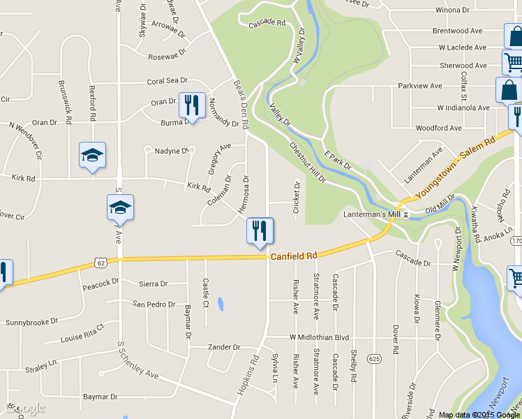 map of restaurants, bars, coffee shops, grocery stores, and more near 3308 Bears Den Rd in Youngstown