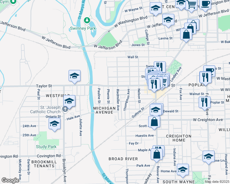 map of restaurants, bars, coffee shops, grocery stores, and more near 2022 Riedmiller Avenue in Fort Wayne