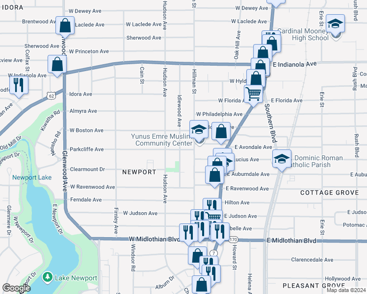 map of restaurants, bars, coffee shops, grocery stores, and more near 3135 Idlewood Avenue in Youngstown