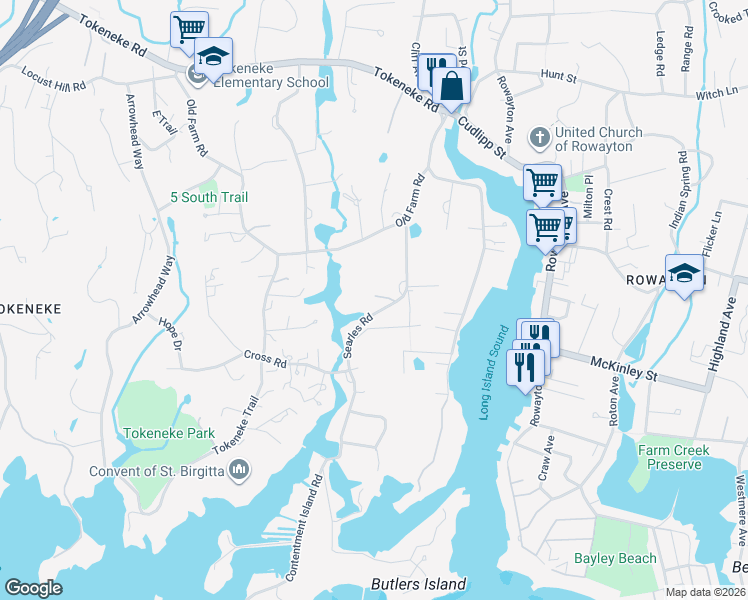 map of restaurants, bars, coffee shops, grocery stores, and more near 12 Searles Road in Darien