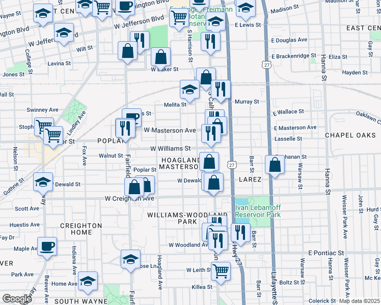 map of restaurants, bars, coffee shops, grocery stores, and more near 213 West Williams Street in Fort Wayne
