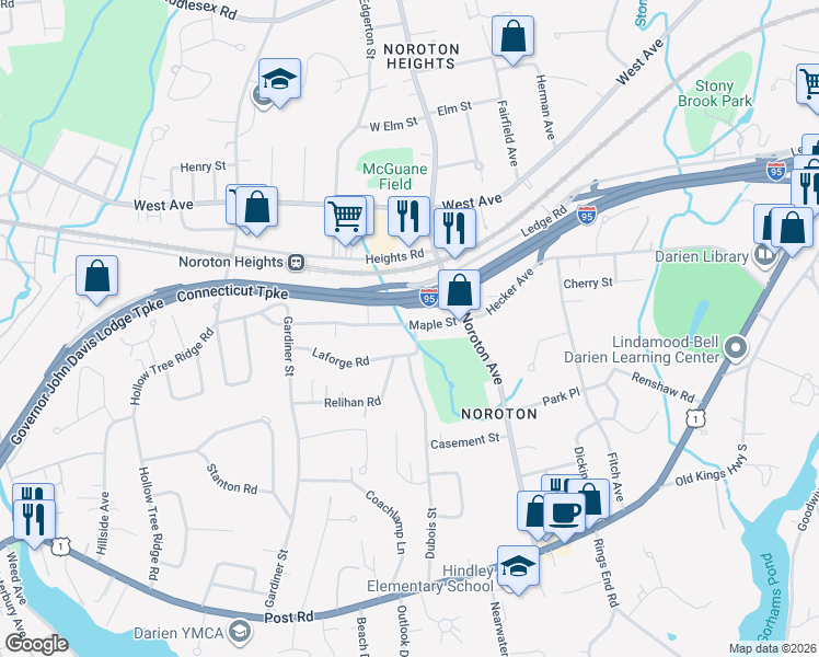 map of restaurants, bars, coffee shops, grocery stores, and more near 44 Maple Street in Darien