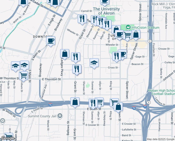 map of restaurants, bars, coffee shops, grocery stores, and more near 586 Greissing Terrace in Akron