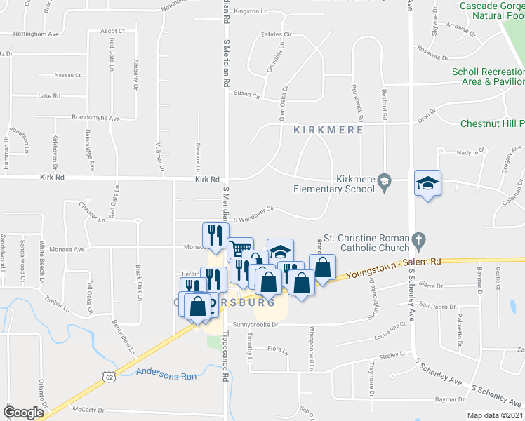 map of restaurants, bars, coffee shops, grocery stores, and more near 3422 South Wendover Circle in Youngstown