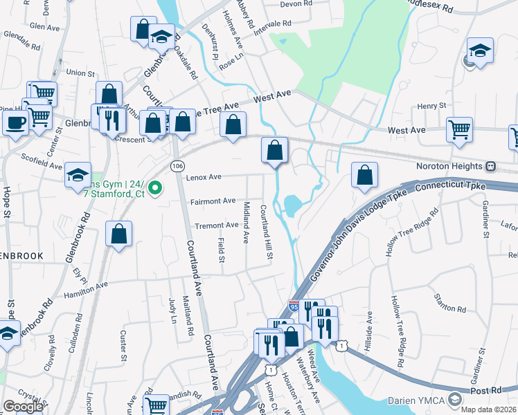 map of restaurants, bars, coffee shops, grocery stores, and more near 119 Courtland Hill Street in Stamford