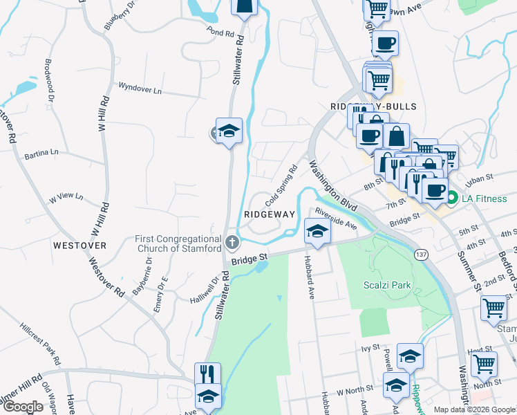 map of restaurants, bars, coffee shops, grocery stores, and more near 14 Windsor Road in Stamford