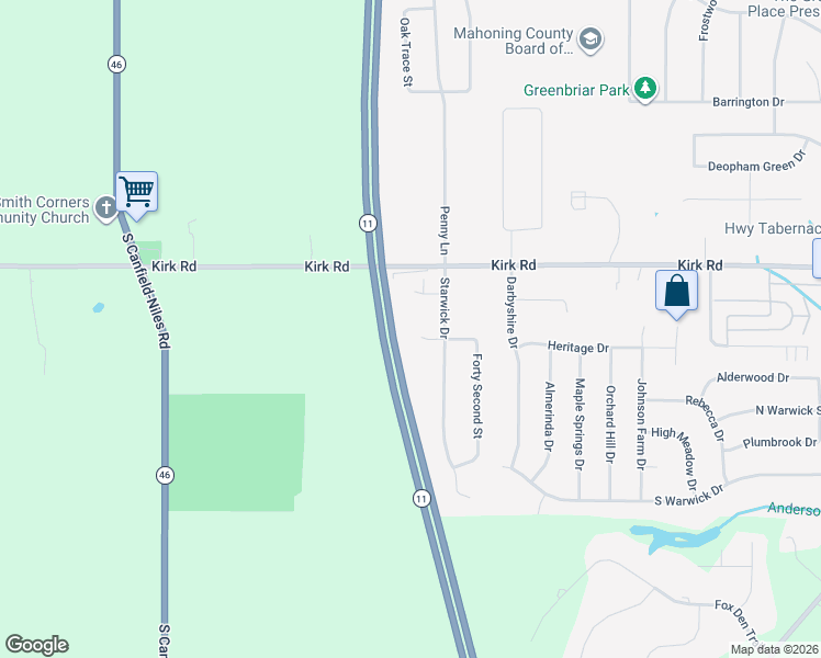 map of restaurants, bars, coffee shops, grocery stores, and more near 3222 Forty Second Street in Canfield