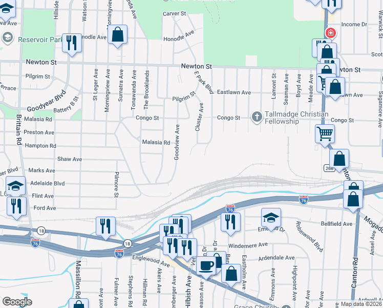 map of restaurants, bars, coffee shops, grocery stores, and more near 241 Cluster Avenue in Akron