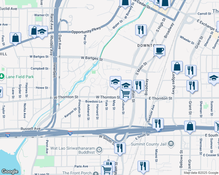 map of restaurants, bars, coffee shops, grocery stores, and more near 721 Dunbar Drive in Akron