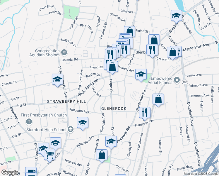 map of restaurants, bars, coffee shops, grocery stores, and more near 184 Hope Street in Stamford