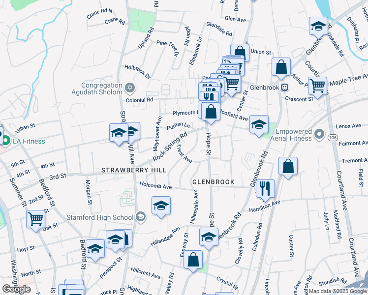 map of restaurants, bars, coffee shops, grocery stores, and more near 49 Coolidge Avenue in Stamford