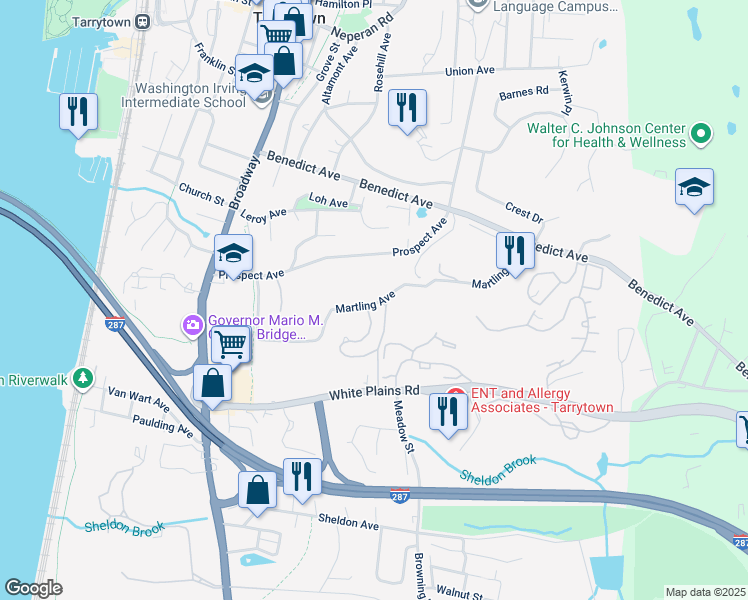 map of restaurants, bars, coffee shops, grocery stores, and more near 154 Martling Avenue in Tarrytown
