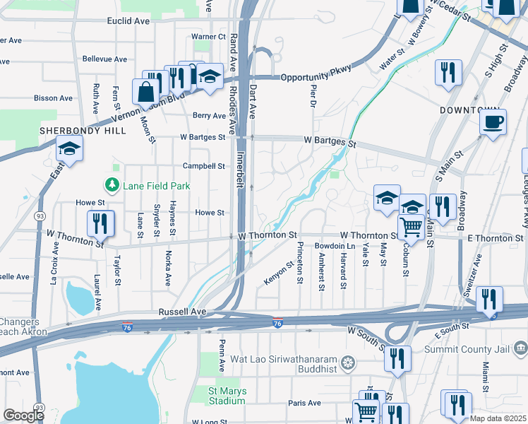 map of restaurants, bars, coffee shops, grocery stores, and more near 285 Channelwood Circle in Akron