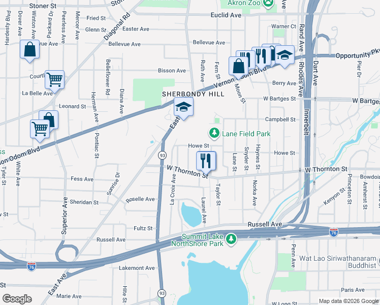 map of restaurants, bars, coffee shops, grocery stores, and more near 993 Celina Avenue in Akron