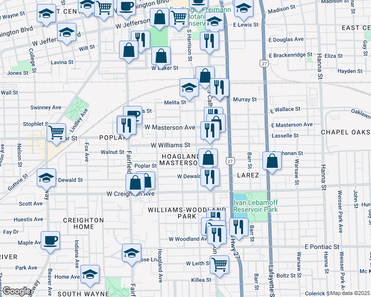 map of restaurants, bars, coffee shops, grocery stores, and more near 213 West Williams Street in Fort Wayne