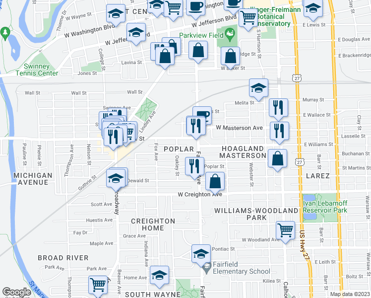 map of restaurants, bars, coffee shops, grocery stores, and more near 602 Walnut Street in Fort Wayne