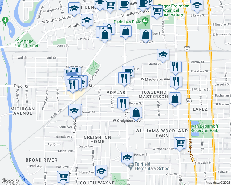 map of restaurants, bars, coffee shops, grocery stores, and more near in Fort Wayne