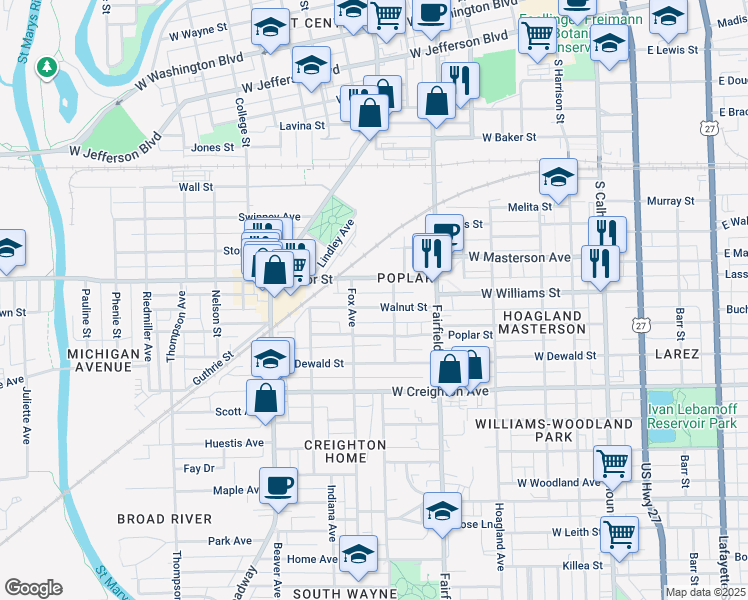 map of restaurants, bars, coffee shops, grocery stores, and more near 706 Walnut Street in Fort Wayne